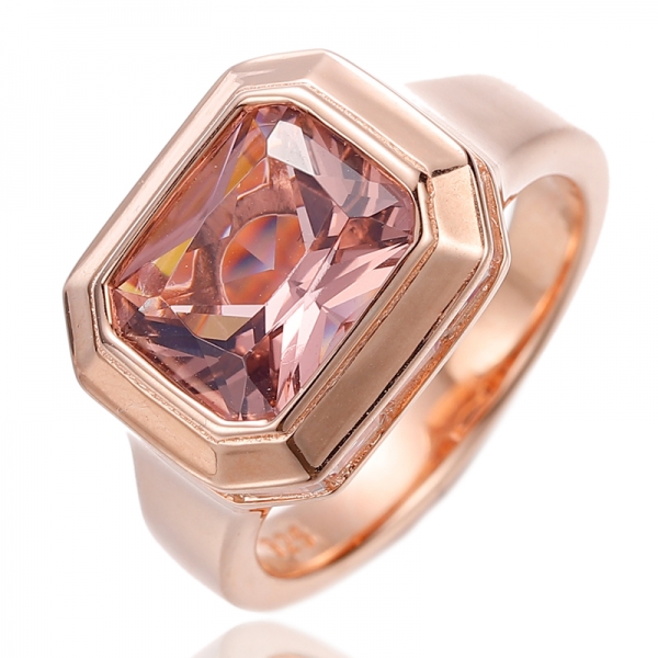 Emerald Cut Morganite Nano And Baguette White Cubic Zircon Silver Ring With Rose Gold Plating 