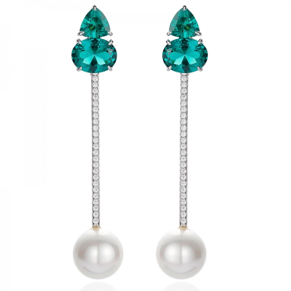Oval Shape Green Nano And White Cubic Zircon With Pearl Rhodium Silver Earring 