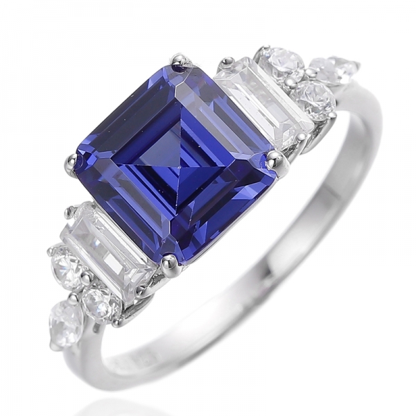 Asscher Tanzanite And White Cubic Zircon Rhodium Silver Ring 