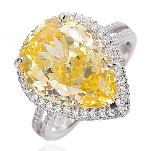 Pear Shape Diamond Yellow And Round White Cubic Zircon Rhodium Silver Ring 