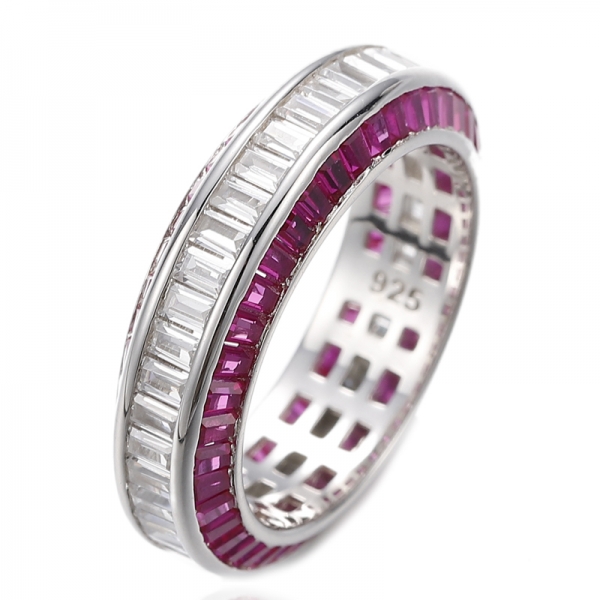 Tapered Ruby Corundum And Baguette White Cubic Zircon Rhodium Silver Ring 