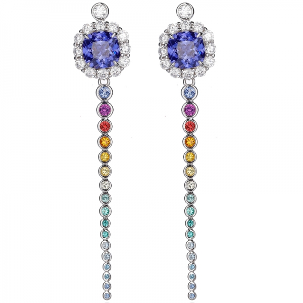 Cushion Tanzanite And Round Rainbow Cubic Zircon Rhodium Silver Earring 