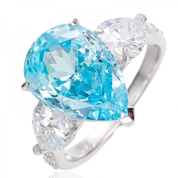 Pear Shape Paraiba And White Cubic Zircon Rhodium Silver Ring 