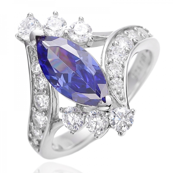 Marquise Tanzanite And Round White Cubic Zircon Rhodium Silver Ring 