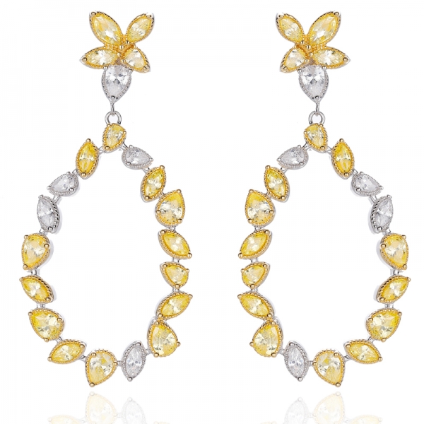 925 Pear Shape Diamond Yellow And White Cubic Zircon Rhodium Silver Earring 