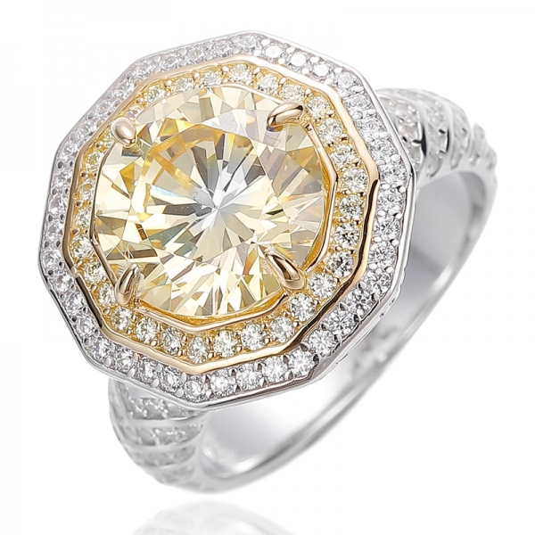 Round Diamond Yellow And Gloden Cubic Zircon Silver Ring With Rhodium And Gold Plating 