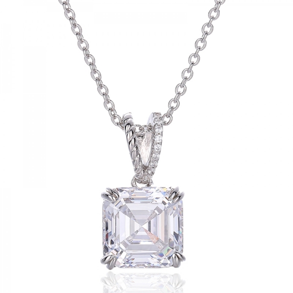 Asscher And Round White Cubic Zircon Rhodium Silver Pendant 