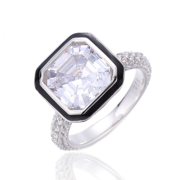 Asscher And White Cubic Zircon With Black Enamel Rhodium Silver Ring 