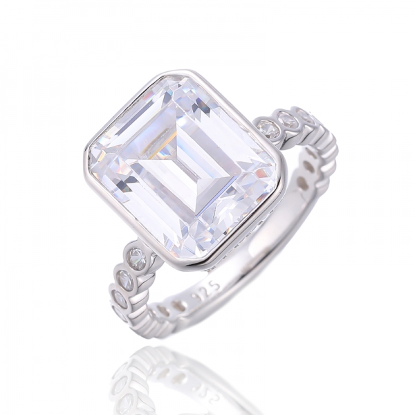 Emerald Cut Diamond Pink And Round Rainbow Color Cubic Zircon Rhodium Silver Ring 