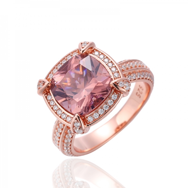 Cushion Morganite Nano And Round White Cubic Zircon Silver Ring With Rose Gold Plating 