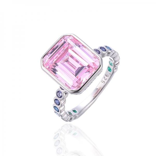 Emerald Cut Diamond Pink And Round Rainbow Color Cubic Zircon Rhodium Silver Ring 