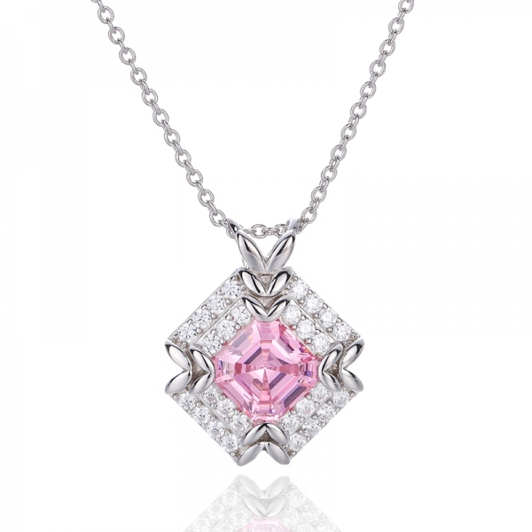 Asscher Pink And Round White Cubic Zircon Rhodium Silver Pendant 