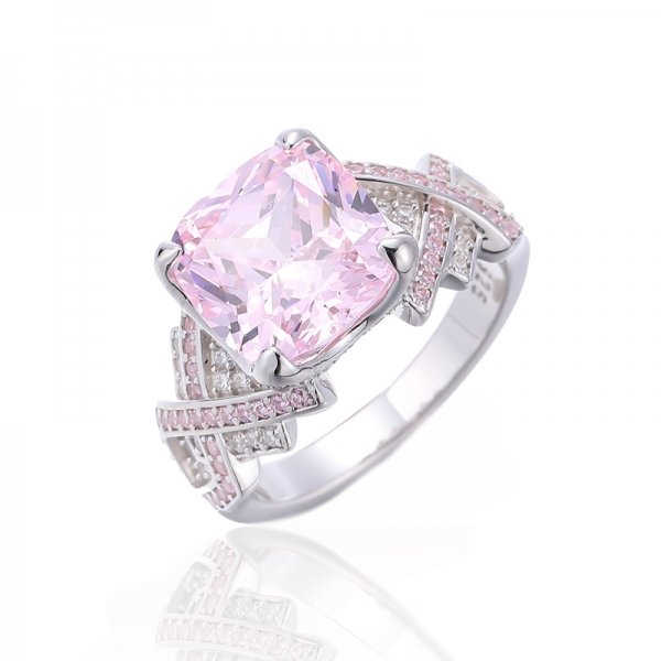 Cushion Diamond Pink And Round Pink Cubic Zircon Rhodium Silver Ring 