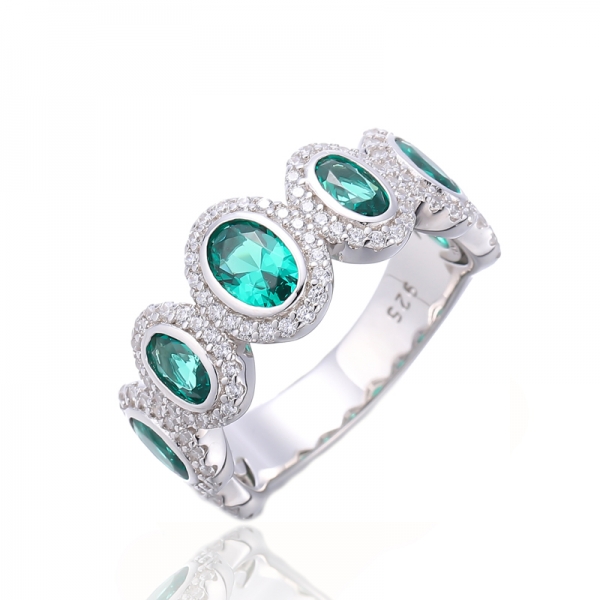 Oval Shape Green Nano And Round White Cubic Zircon Rhodium Silver Ring 