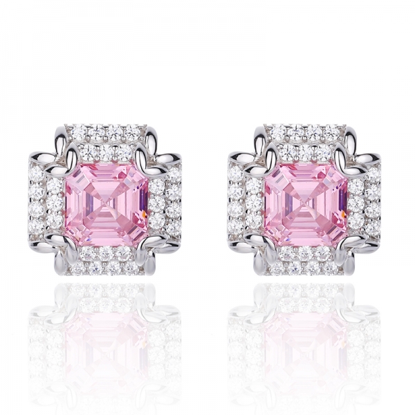 Asscher Pink And Round White Cubic Zircon Rhodium Silver Earring 