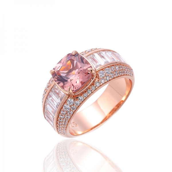 Cushion Morganite Nano And White Cubic Zircon Silver Ring With Rose Gold Plating 