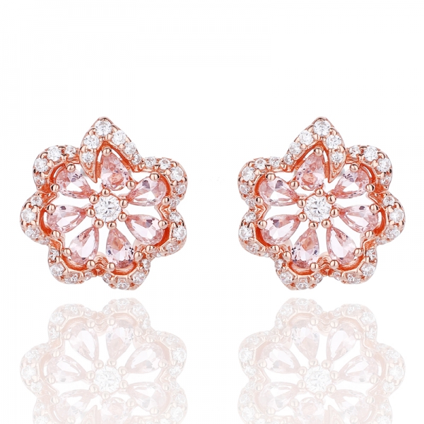Pear Shape Morganite Nano And Round White Cubic Zircon Silver Earring With Rose Glod Plating 