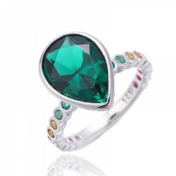 Pear Shape Green Nano And Round Rainbow Color Cubic Zircon Rhodium Silver Ring 