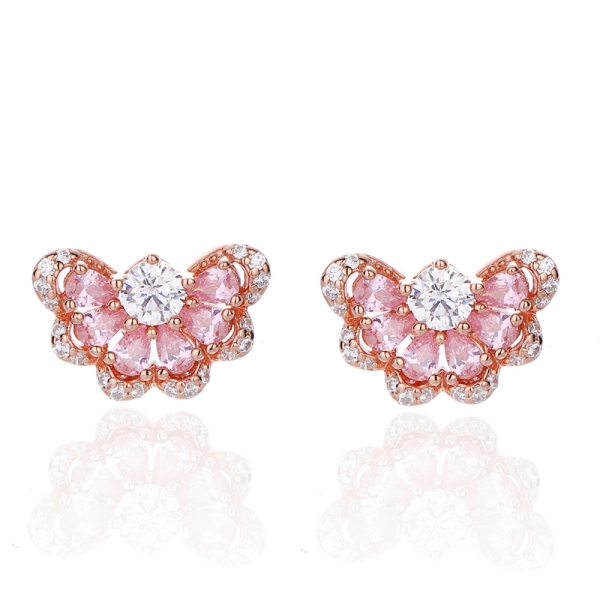 925 Pear Shape Pink And Round White Cubic Zircon Silver Earring With Rose Glod Plating 