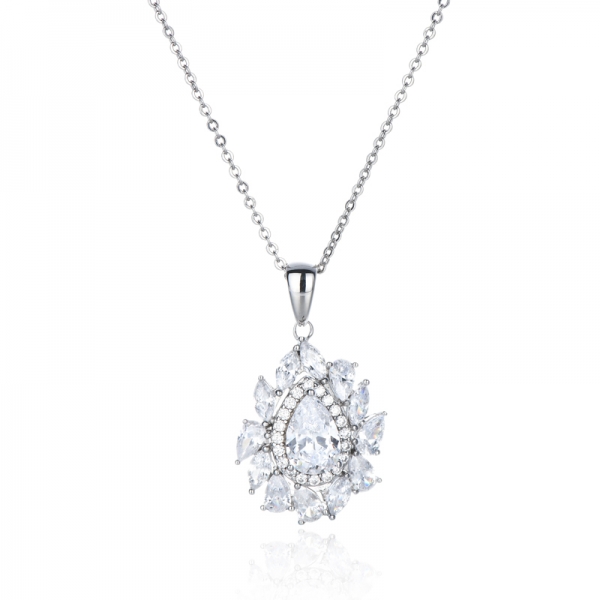 Pear Shape White Cubic Zircon Rhodium Silver Pendant 