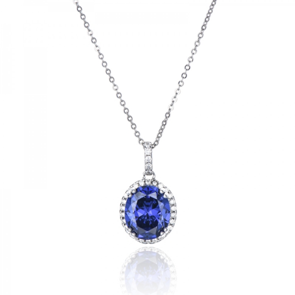 Oval Shape Tanzanite And Round White Cubic Zircon Rhodium Silver Pendant 