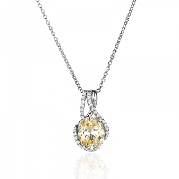 Oval Shape Diamond Yellow And Round White Cubic Zircon Rhodium Silver Pendant 