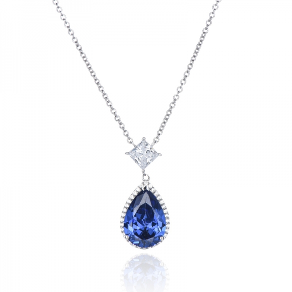 Pear Shape Tanzanite And White Cubic Zircon Rhodium Silver Pendant 