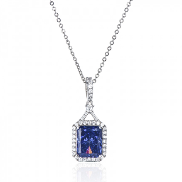 Octagon Tanzanite And Round White Cubic Zircon Rhodium Silver Pendant 