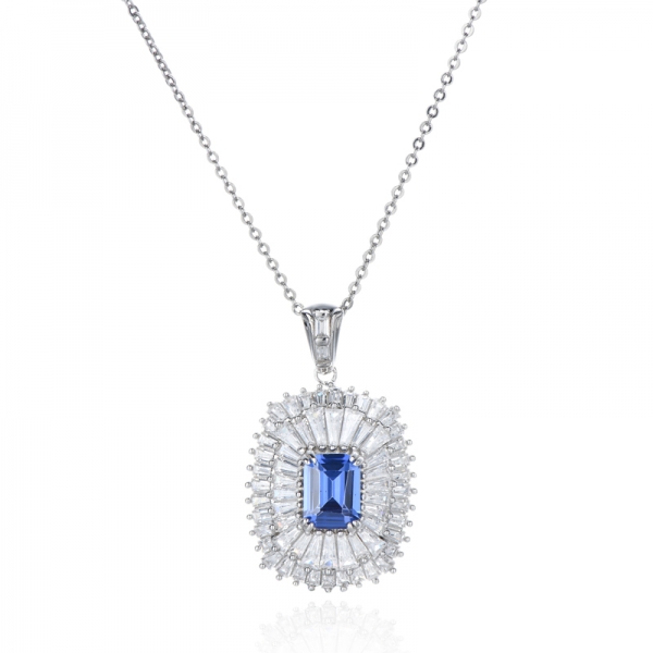 Emerald Cut Tanzanite And White Cubic Zircon Rhodium Silver Pendant 