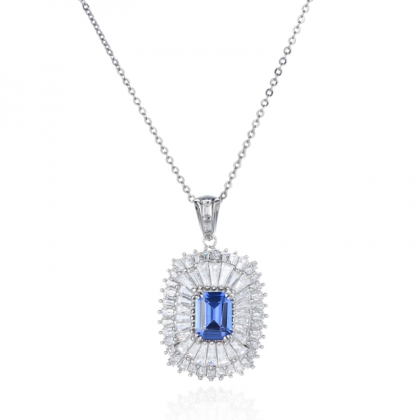 Emerald Cut Tanzanite And White Cubic Zircon Rhodium Silver Pendant 