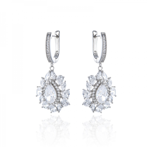Pear Shape And Round White Cubic Zircon Rhodium Silver Earring 