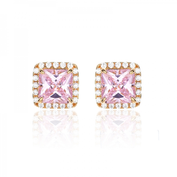 Octagon Diamond Pink And Round White Cubic Zircon Silver Earring With Glod Plating 