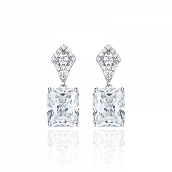 Octagon And Round White Cubic Zircon Rhodium Silver Earring 
