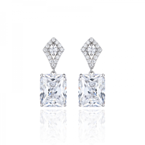 Octagon And Round White Cubic Zircon Rhodium Silver Earring 