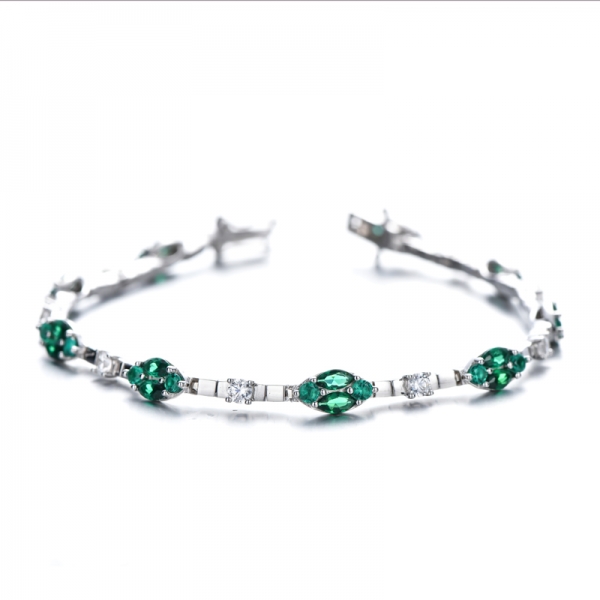 Marquise Shape Green Nano And Round White Cubic Zircon Rhodium Silver Bracelet 