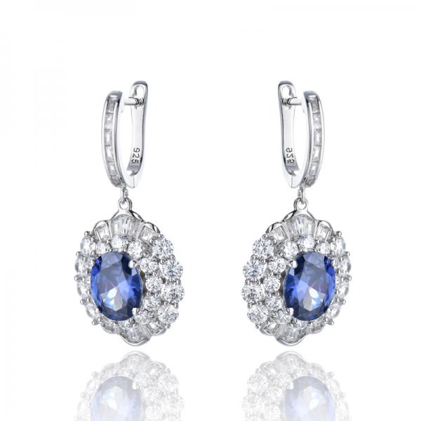 Oval Shape Tanzanite And White Cubic Zircon Rhodium Silver Earring 