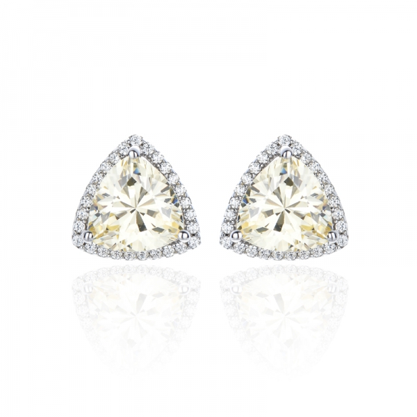 Trillion Canary And Round White Cubic Zircon Rhodium Silver Earring 