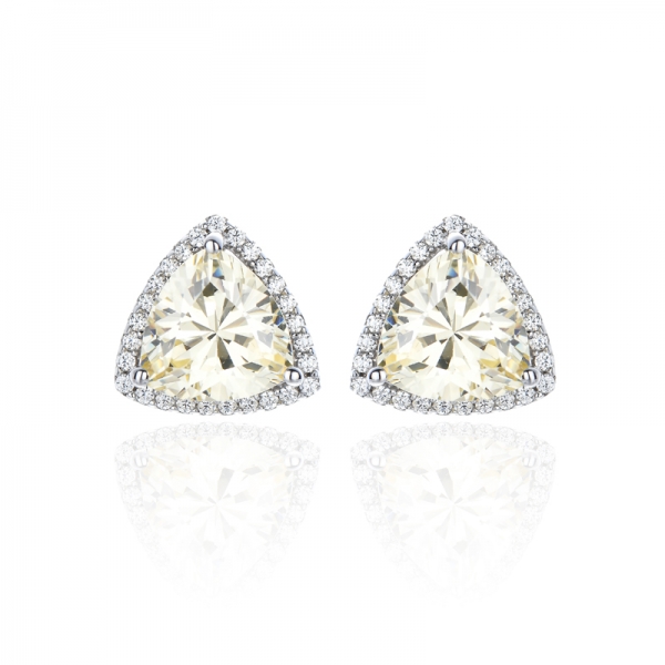 Trillion Canary And Round White Cubic Zircon Rhodium Silver Earring 