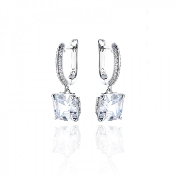 Asscher And Round White Cubic Zircon Rhodium Silver Earring 