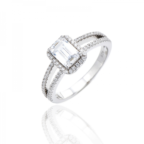925 Emerald Cut And Round White Cubic Zircon Rhodium Silver Ring 
