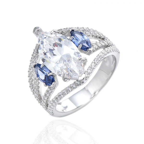 Marquise Aqua And Round White Cubic Zircon Rhodium Silver Ring 