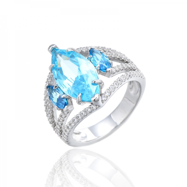Marquise Aqua And Round White Cubic Zircon Rhodium Silver Ring 