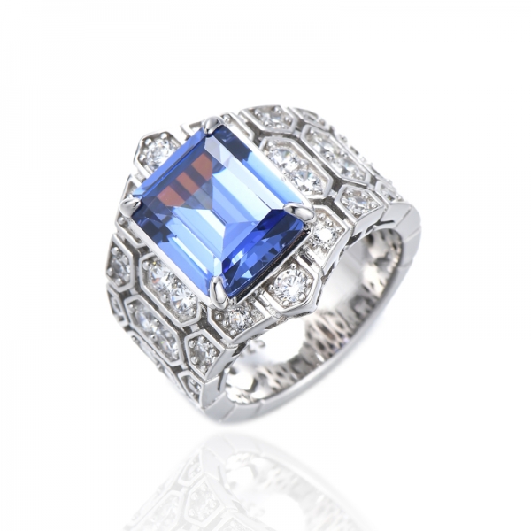 925 Emerald Cut Green Nano And Round White Cubic Zircon Rhodium Silver Ring 