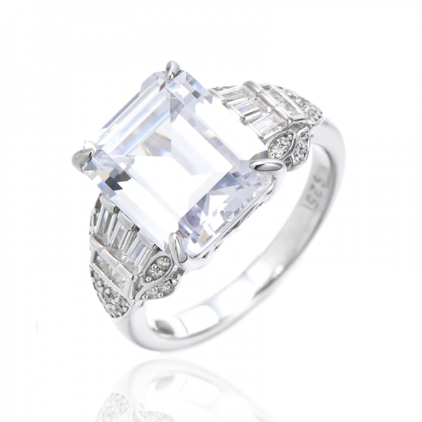 925 Emerald Cut Tanzanite And White Cubic Zircon Rhodium Silver Ring 