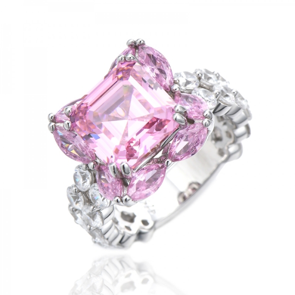 Asscher Pink And Round White Cubic Zircon Rhodium Silver Ring 