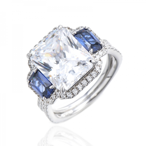 Octagon Tanzanite And White Cubic Zircon Rhodium Silver Ring 