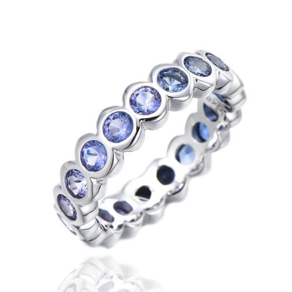 Round Rainbow Colorful Cubic Zircon Rhodium Silver Eternity Ring 