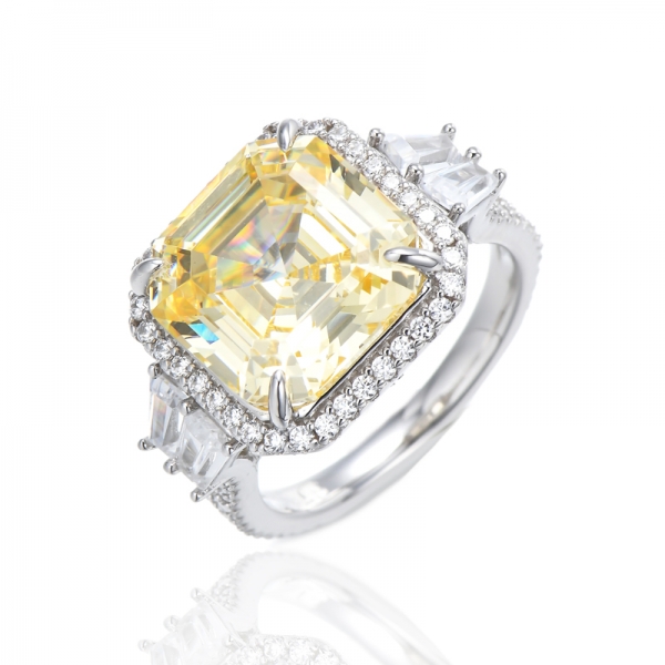 Asscher Green Nano And White Cubic Zircon Rhodium Silver Ring 