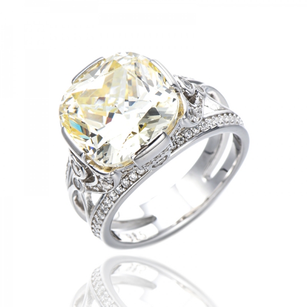 Cushion Diamond Yellow And Ruond White Cubic Zircon Rhodium Silver Ring 