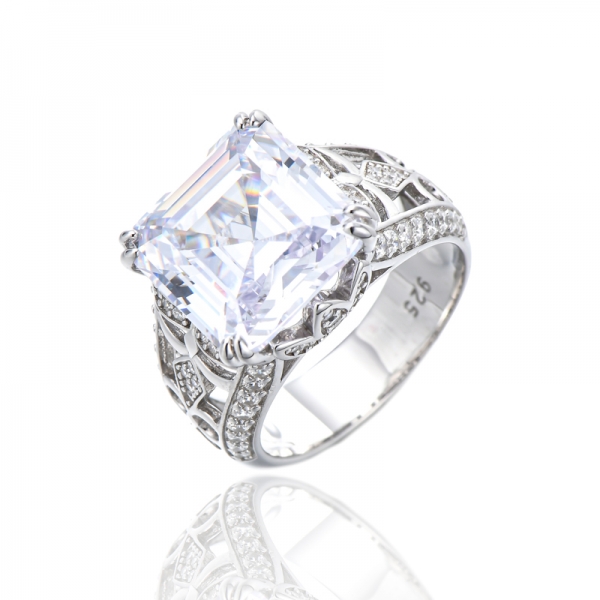 Asscher Canary And Round White Cubic Zircon Rhodium Silver Ring 